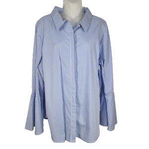 Alexander Jordan Top Women's 1X Striped Bell Long Sleeve Blue Hidden Button Up
